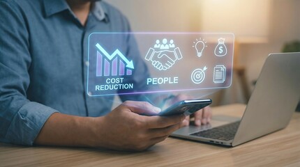 Businessman analyzing cost reduction strategies on smartphone in modern office setting with laptop, representing productivity and efficiency in business operations.