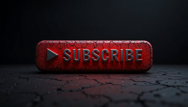 High-tech 3D subscribe graphic with luminescent red glow and atmospheric shadows on fractured rock. - Powered by Adobe