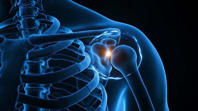 Human skeleton anatomy showing pain in the shoulder joint