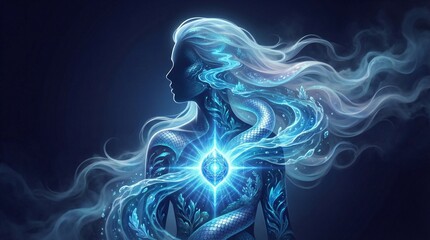 Naga Queen Fantasy Double Exposure Portrait with Bioluminescent Gem and Water Energy