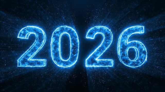 Glowing blue digital 2026 sign illustrating the future year