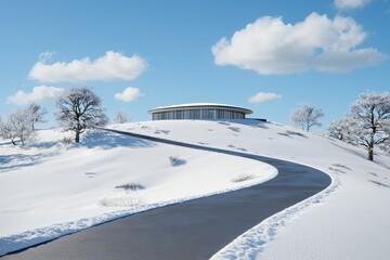Obraz premium Modern Circular House on Snowy Hilltop with Winding Driveway