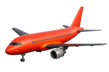 Red commercial airplane 3d model with landing gear isolated, representing global travel, logistics, and fast shipping