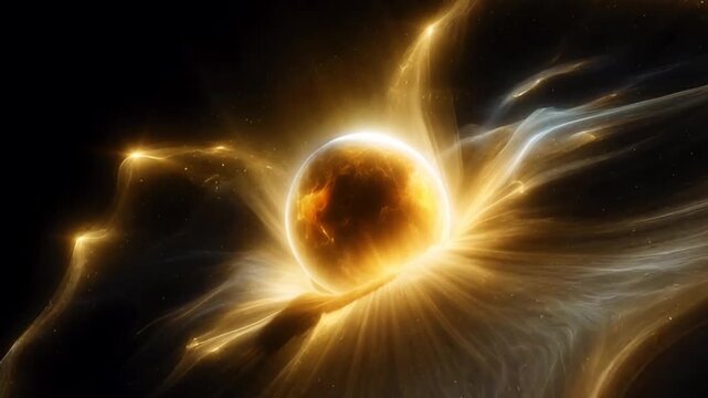 Animated energy release from a glowing golden sphere against a black background.