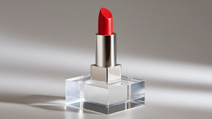 Elegant red lipstick on pedestal isolated