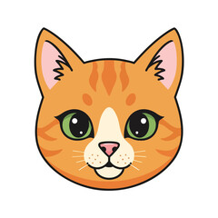 Smiling, cartoon cat face, orange fur with stripes, green eyes, pink nose and ears