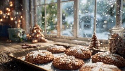 Cozy Christmas Baking - Freshly Baked Cookies by a Snowy Window with Twinkling Lights.