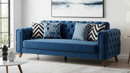 Blue velvet sofa with patterned pillows isolated on white background
