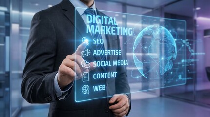 A businessman in a modern office interacts with a futuristic digital marketing interface, symbolizing innovation and strategy in the digital age.