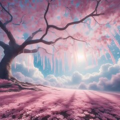 Cherry Blossom Tree with Pink Flowers and Soft Sunlight in Spring,Generative AI