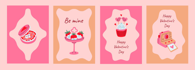 Playful set of modern Valentine cards featuring heart chocolate box, dipped strawberries, lovebird cupcake, instant camera, perfect for printable greetings.
