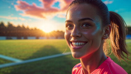 Female Soccer Player Soccer Field Summer Sunrise Green Grass Blue Sky Pink Orange Light Ponytail Hair Smile Sweat Excited Eyes Athletic Outdoor Sport Portrait Energetic Vibrant Generative AI