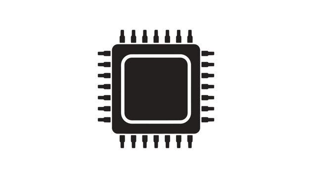 Black microchip processor icon on white background.