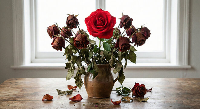 Single fresh red rose standing out in a vase of withered dead flowers