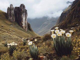 Scenic Mountain Landscape with Wild Flowers in Peruvian Highlands