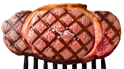 Juicy grilled beef steak with diamond grill marks and salt isolated on white.