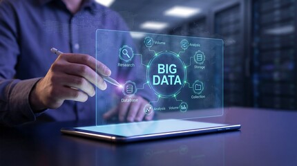 Man interacts with a futuristic big data interface on a tablet, representing modern business and technology concepts.