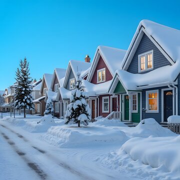 Title: A row of colorful snow-covered houses with warm lights glowing through the windows during