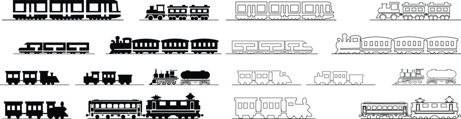 Black train icon set in flat and line style railway locomotive and freight transport silhouette collection featuring passenger and cargo rail graphic group, minimal monochrome vector illustration pack © Muhammad