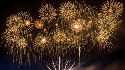Magnificent golden fireworks display bursting in the dark night sky for celebration