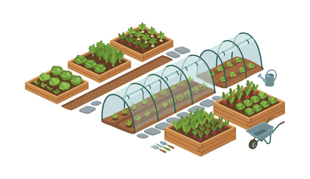 Isometric vegetable garden with raised beds and greenhouses