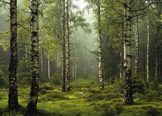 Tranquil Birch Forest with Mist and Lush Greenery in Morning Light
