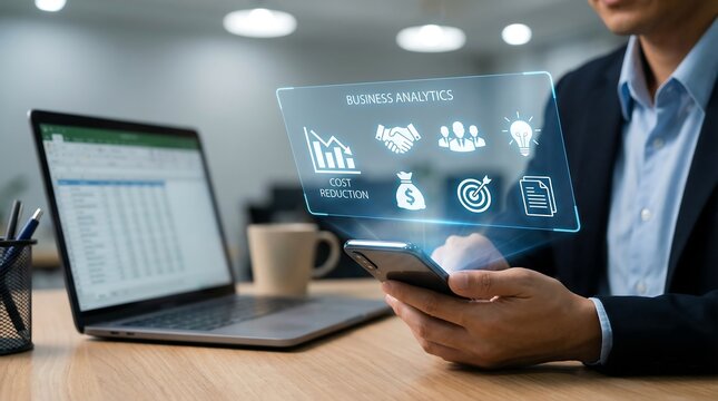 Businessman analyzing data on phone with business analytics icons, representing modern business strategy and decision-making. - Powered by Adobe