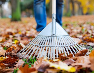 Gardener raking fallen autumn leaves in park, seasonal cleanup and yard work.