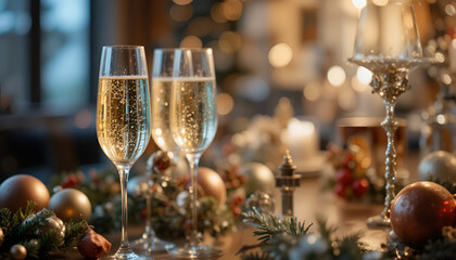 Two glasses of bubbly champagne on a decorated holiday table with ornaments and bokeh lights