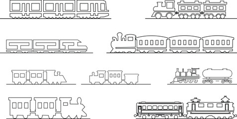 Black train icon set in line style railway locomotive and freight transport silhouette collection featuring passenger and cargo rail graphic group, minimal monochrome vector illustration pack © Muhammad