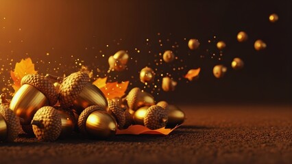 Obraz premium Golden acorns and autumn maple leaves with magical sparkling embers on a dark soil background; luxury fall harvest concept with warm cinematic lighting and bokeh.