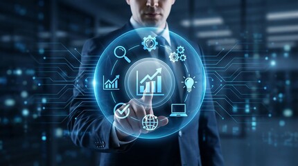 Businessman interacting with futuristic digital interface for data analysis and technology