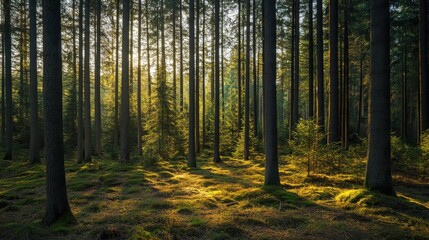 Serene Forest Landscape with Sunlight Filtering Through Trees
