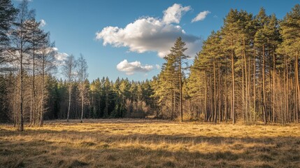 Tranquil Forest Landscape with Open Meadow and Blue Sky