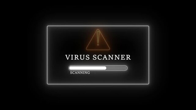 Virus scanner window with neon border and warning symbol. cybersecurity scanning alert, antivirus software progress bar animation on black screen. virus scanning computer technology concept.