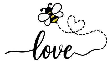 Cute bee flying with heart trail cartoon illustration on white background