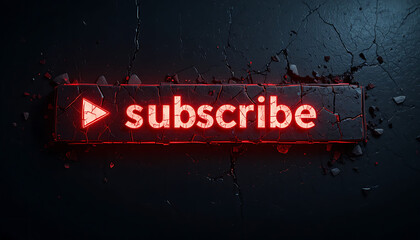 Cyberpunk-style subscribe banner with glowing red text and atmospheric shadows on fractured rock.