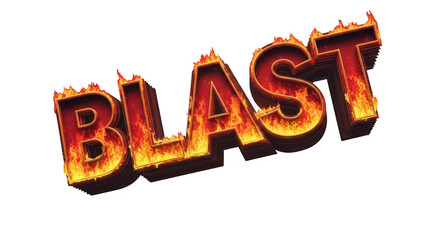Fiery 3d text spelling blast with flames, isolated on transparent background