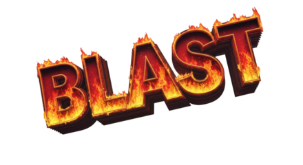 Fiery 3d text spelling blast with flames, isolated on transparent background