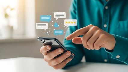 Person interacting with mobile phone and digital communication icons