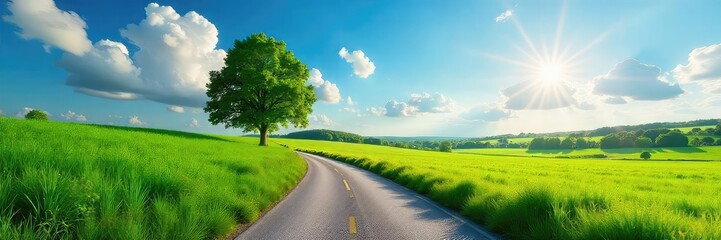 Serene country road winding through lush green fields under a vibrant blue sky, sunlight dappling the leaves  Perfect for travel, nature, and idyllic settings ,  outdoors,  picturesque,  green field
