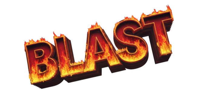 Fiery 3d text spelling blast with flames, isolated on transparent background - Powered by Adobe
