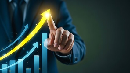 A person interacting with a futuristic business graph with an upward trend