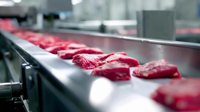 Medium shot capturing meat pieces moving smoothly along a conveyor belt system inside a sanitized processing plant highlighting efficiency and food safety.
