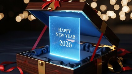 Happy New Year 2026 gift box with glowing blue card