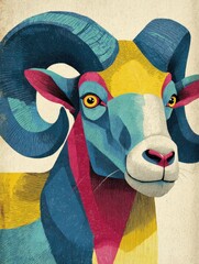 Obraz premium Colorful illustration of a ram with bold patterns and striking features in a simple style