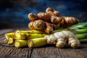 Vibrant Turmeric, Zesty Ginger, and Fresh Green Herbs on Rustic Wood for Healthy Cooking.