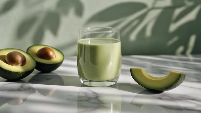 Fresh Avocado Smoothie Drink with Whole and Cut Avocados on Table 4KHD