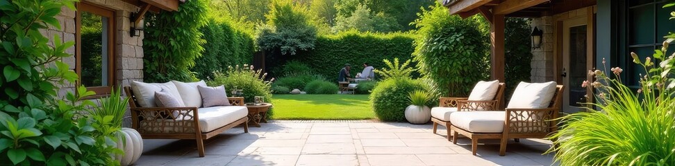 Serene garden patio scene with lush greenery, comfortable seating, and charming outdoor decor Perfect for relaxation and entertaining Enjoy the tranquil ambiance , potted plants, design, brick