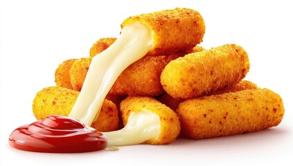 Crispy Golden Mozzarella Sticks with Gooey Cheese Pull and Vibrant Red Ketchup Dip on White.